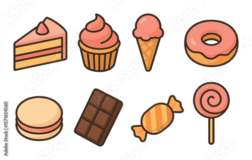 Sweet treats set. candy, cake, donut flat style. ice cream, cupcake, lollipop icons.