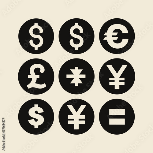 Collection of nine black circular icons featuring currency symbols and an equals sign in a minimalist silhouette style isolated on transparent background