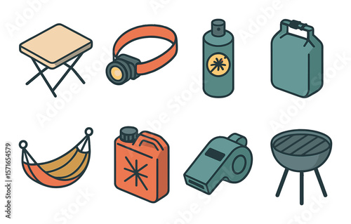 Camping gear set. minimalist camping equipment, hammock, lantern, grill, whistle vector icons.