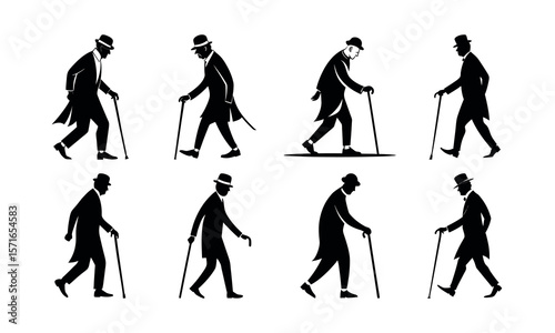 Collection of elegant old gentlemen walking with canes in various poses silhouette