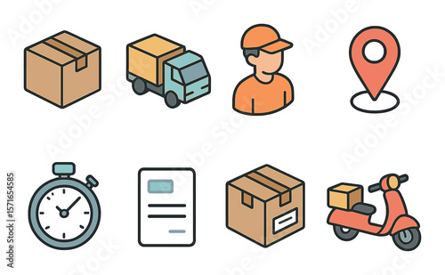 Delivery service set. shipping and logistics flat icons: box, truck, map, scooter, stopwatch, document vector icons