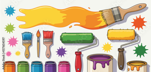 Collection of colorful paint cans brushes rollers and splatters for home renovation