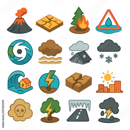 Natural disaster set: simple flat icons. volcano, flood, earthquake, fire, storm vector icons