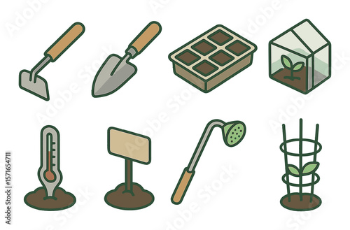 Gardening tool set. simple linear shovel, rake, trowel, greenhouse, thermometer vector icons