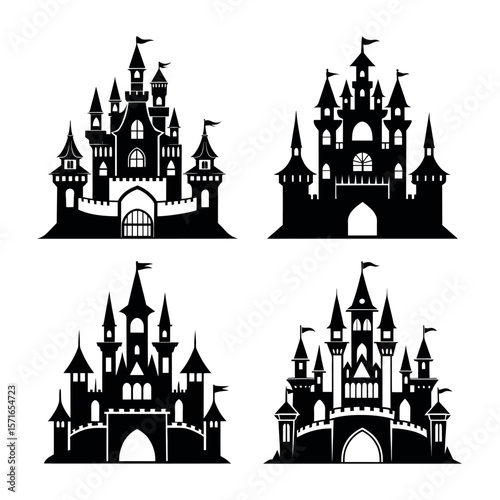 Collection of four black fairy tale castle silhouettes with flags and towers on white background