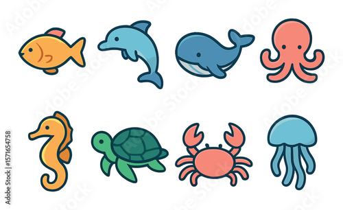 Aquatic animal set. ocean creatures flat icons. fish, dolphin, whale, octopus vector icons.