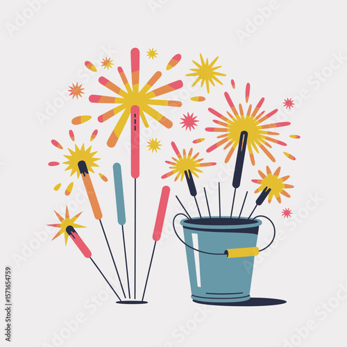 Colorful sparklers and fireworks display in a bucket for celebrations