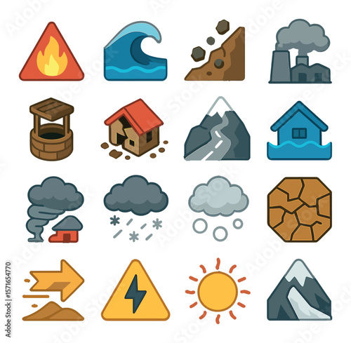 Weather hazard set. simple hazard symbols. fire, flood, lightning, sun, snow vector icons.