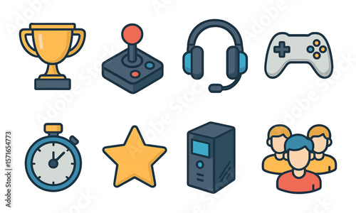 Gaming tournament icon set. simple joystick, trophy, headset, gamepad, star, timer vector icons.