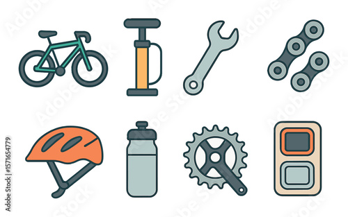 Bicycle repair icon set. cycling maintenance flat wrench, pump, chain, helmet vector icons.