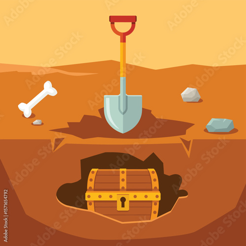 Digging for treasure reveals a wooden chest buried in the earth with a shovel