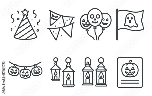 Halloween party icon set. simple party hats, ghost, banner, candle, balloons vector icons.