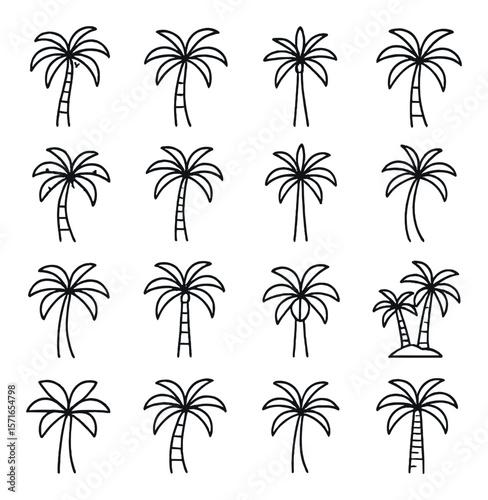 Palm tree set. tropical nature silhouette icons: palm, coconut, beach, island vector icons.
