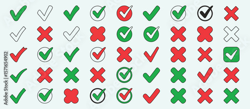 Collection of green checkmarks and red crosses for approval and rejection