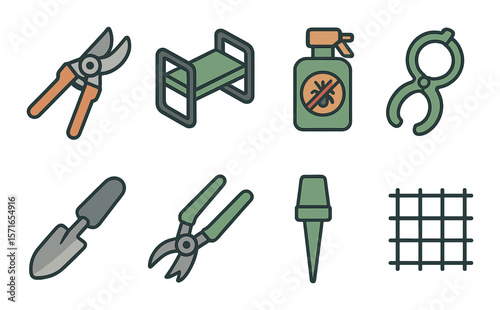 Gardening tools set. modern gardening flat icons: shears, shovel, pruner, sprayer vector icons.