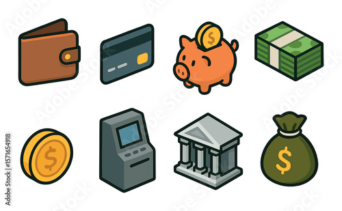 Financial icon set. modern flat wallet, card, piggy bank, atm, coin, bank, cash vector icons.