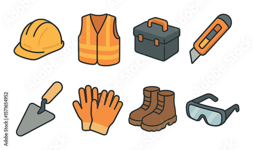 Construction tool set. safety gear, toolbox, knife, boots linear vector icons.