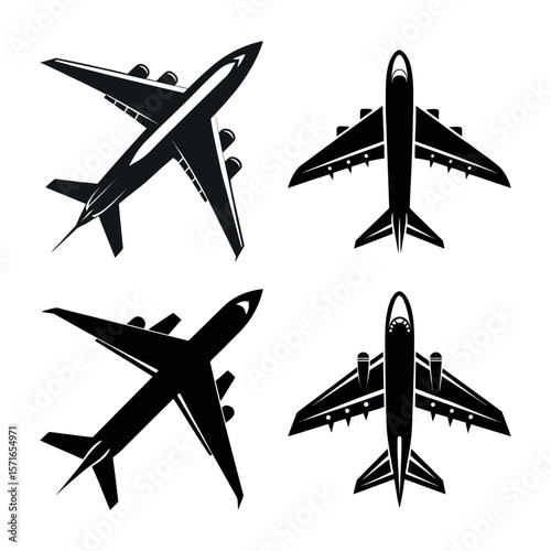 Collection of four distinct airplane silhouettes in various perspectives and angles silhouette