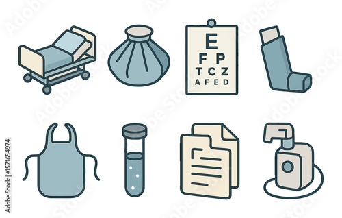 Medical equipment set. modern healthcare silhouette stethoscope, bed, test tube, sanitizer vector icons.