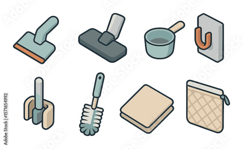 Minimal cleaning icon set. simple household, mop, brush, sponge, bucket, cleaner vector icons.