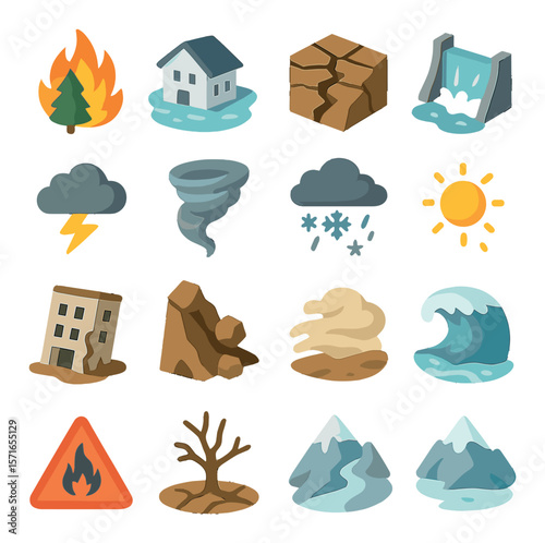 Weather hazards icon set. simple style disaster icons. fire, flood, earthquake, tornado vector icons.