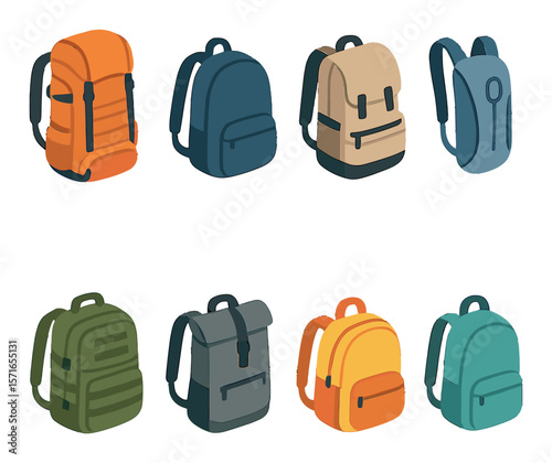 Backpack set. modern school bags flat style. travel, hiking, fashion, luggage, vector icons.
