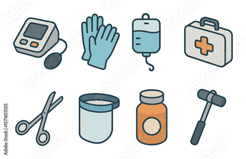 Medical icon set. healthcare simplified flat icons. glove, syringe, pill, stethoscope vector icons.