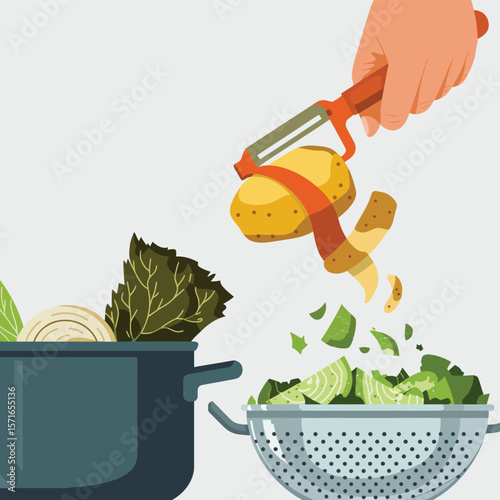 Hand peeling a potato over a colander filled with chopped vegetables