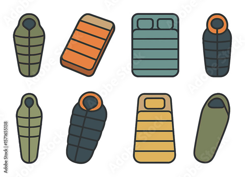 Sleeping bag set. camping gear flat icons. bag, bed, outdoor, adventure, rest vector icons.