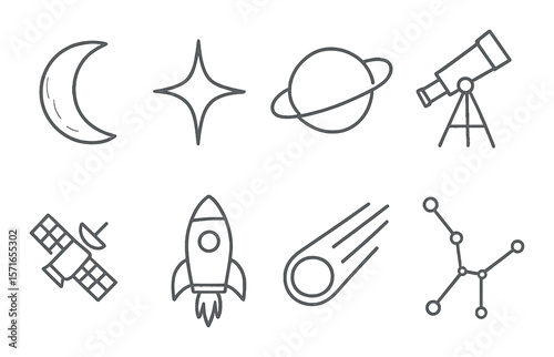 Astronomy icon set. space exploration linear icons. moon, star, planet, telescope vector icons.