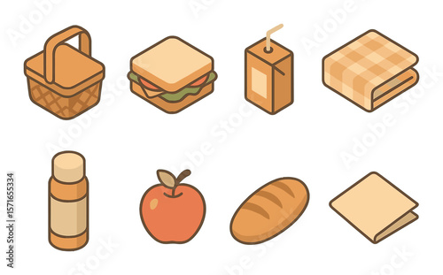 Picnic food set: modern picnic flat icons. basket, sandwich, juice, blanket, apple, bread vector icons.