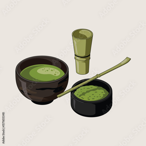 Traditional japanese matcha tea ceremony preparation with whisk and powder