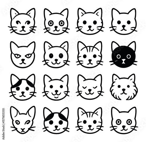 Cat head set. feline silhouette heads. cat, kitten, whiskers, ears, cute vector icons.