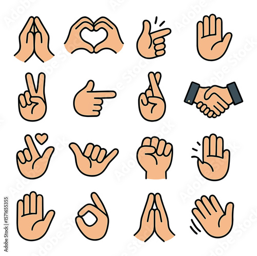 Gesture icon set. hand signals flat style. peace, thumbs up, clap, handshake, wave vector icons.