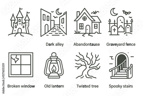Halloween icon set. spooky simple silhouette icons: castle, alley, lantern, tree, stairs.