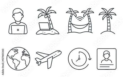 Digital nomad icon set. travel, remote work, simple laptop, plane, palm, clock vector icons.