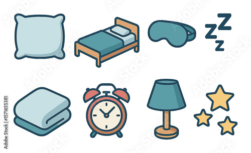 Sleep icon set. bedtime flat icons: pillow, bed, mask, clock, lamp, stars, blanket vector icons