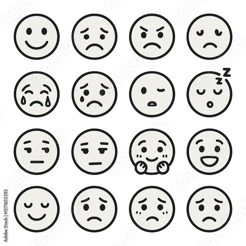 Expressive smiley faces set. simple mood, emotion, happy, sad, sleepy, flat vector icons