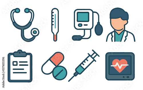 Medical check up set. health, doctor, stethoscope, medicine, syringe simple icons.