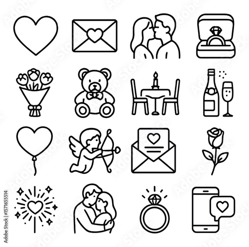 Romantic icon set. love, heart, couple, gift, dinner, rose, ring, simple vector icons.