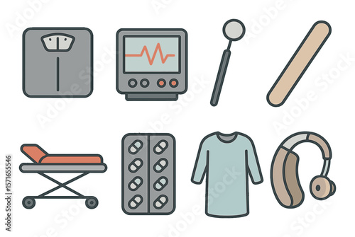 Medical icon set. simple isometric healthcare symbols: scale, monitor, pills, gown vector icons