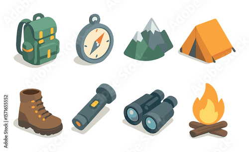 Adventure gear set. camping and hiking simple icons. backpack, compass, tent, fire vector icons.