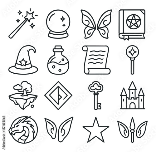 Fantasy icon set. magic, wizard, dragon, castle, potion, wand, scroll simple vector icons.