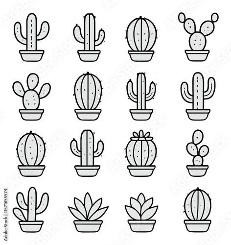 Cactus icon set. simple cactus designs, flat spiky succulents, desert plant vector icons.