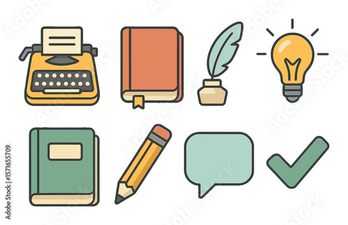 Creative writing icons set. simple compose, typewriter, book, quill, lightbulb vector icons.