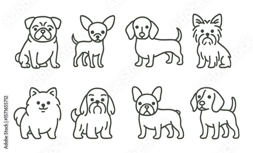 Small dog set. cute canine silhouette icons. pug, chihuahua, dachshund, yorkie vector icons.