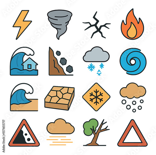 Natural disaster icon set. simple style icons: tornado, flood, fire, drought, earthquake vector icons.