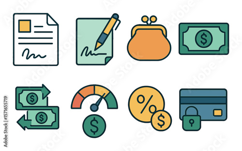Financial icon set. flat budget, money, credit, wallet, tax, finance vector icons.