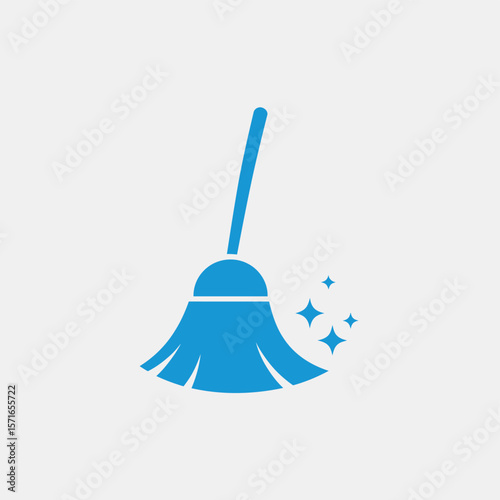 Simple blue broom icon with sparkling stars indicating cleanliness and tidiness