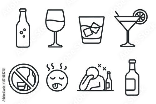 Party drinks set. simple celebration icons: bottle, glass, cocktail, prohibition, hangover vector icons.